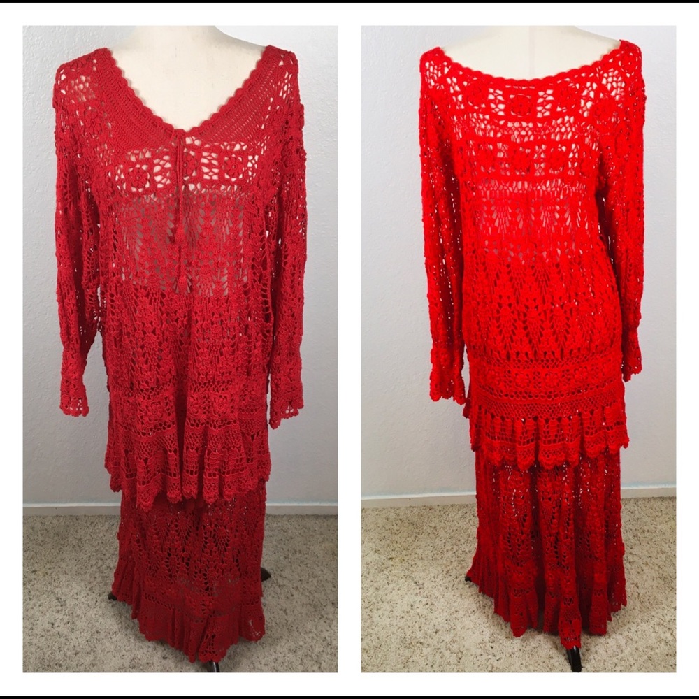 Two piece crocheted BoHo red top and skirt S/M*